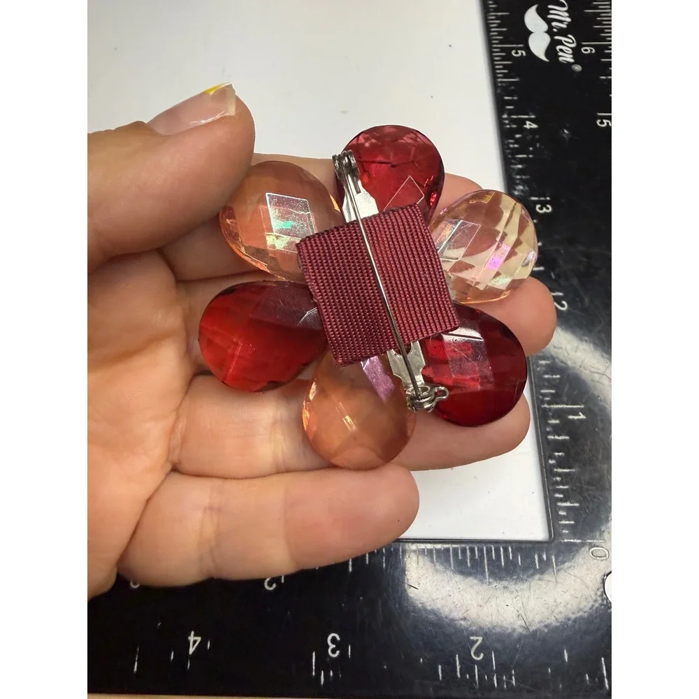 Large Red Pink Flower Brooch Faceted Iridescent Petals Statement Pin 2.75 Inch